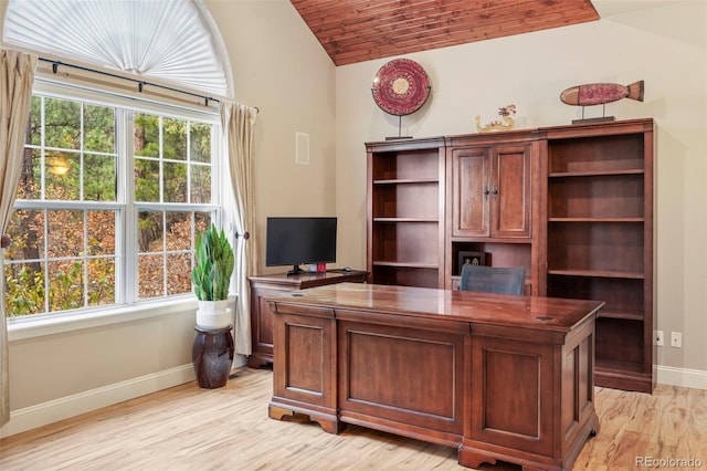 office with wooden ceiling, lofted ceiling, and light wood-type flooring