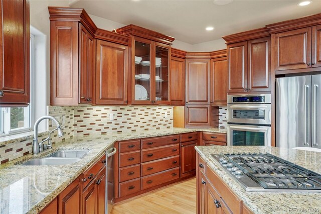 kitchen featuring appliances with stainless steel finishes, light hardwood / wood-style flooring, sink, and light stone counters