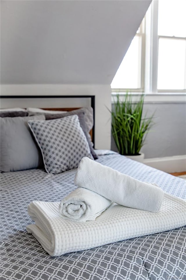 bedroom featuring lofted ceiling