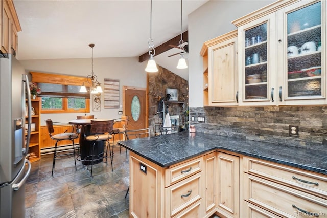 kitchen featuring stainless steel fridge, hanging light fixtures, backsplash, vaulted ceiling with beams, and light brown cabinetry