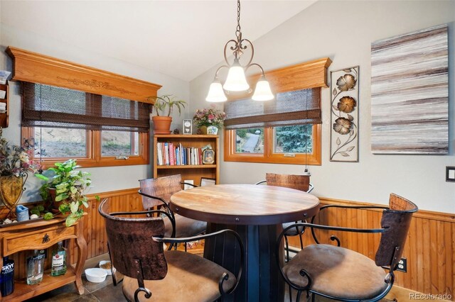 dining area with wooden walls, vaulted ceiling, and a wealth of natural light