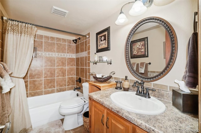 full bathroom with toilet, vanity, and shower / bathtub combination with curtain