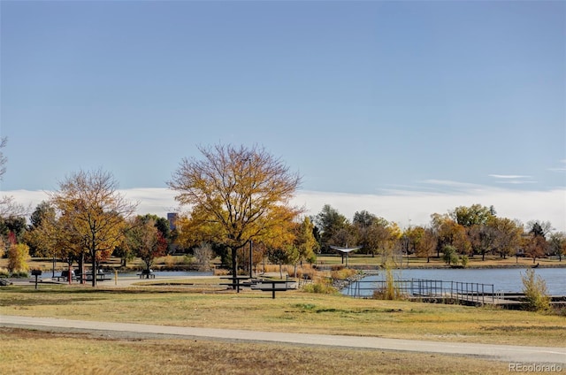 view of community featuring a lawn and a water view