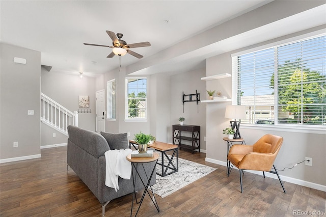 15800 E 121st Ave Unit 3, Brighton, CO 80603 - living room featuring stairs, wood finished floors, and a ceiling fan