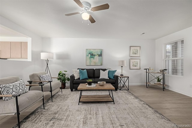 living room with ceiling fan and hardwood / wood-style floors