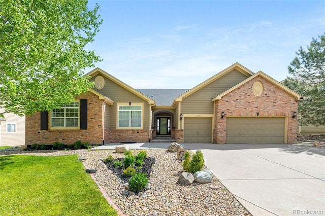7120 Red Mesa Dr, Littleton, CO 80125 - ranch-style house featuring brick siding, driveway, a garage, and a front yard