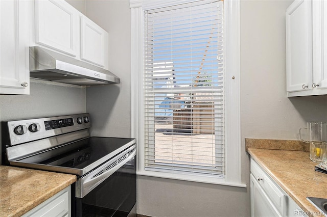 813 E 14th Ave Unit 4, Denver, CO 80218 - kitchen featuring stainless steel electric range, under cabinet range hood, white cabinetry, and light countertops