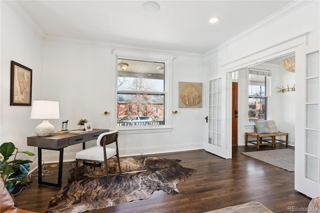 home office with a healthy amount of sunlight, crown molding, and dark wood-type flooring