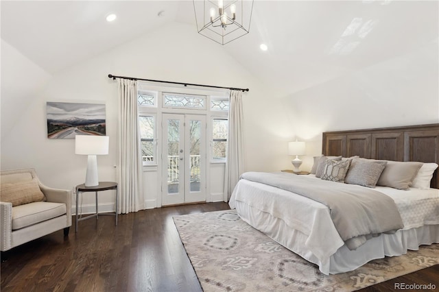 bedroom with an inviting chandelier, access to exterior, dark wood-type flooring, and high vaulted ceiling