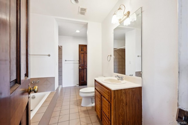 full bathroom with tile patterned flooring, vanity, plus walk in shower, and toilet