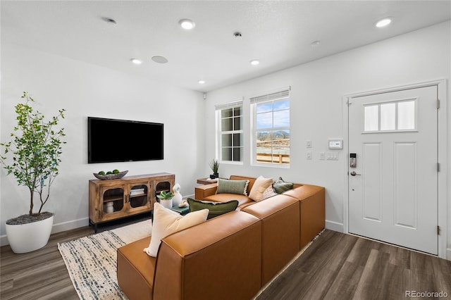 living area featuring baseboards, recessed lighting, and dark wood-style floors