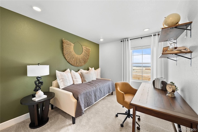 carpeted bedroom with baseboards and recessed lighting