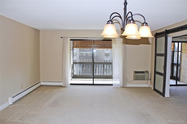 carpeted empty room featuring a baseboard radiator, a notable chandelier, a wall mounted AC, and a barn door