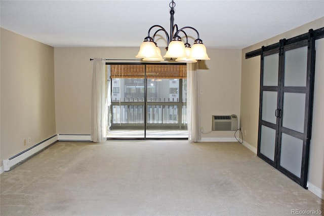 carpeted empty room featuring a barn door, a notable chandelier, baseboards, a wall mounted AC, and baseboard heating