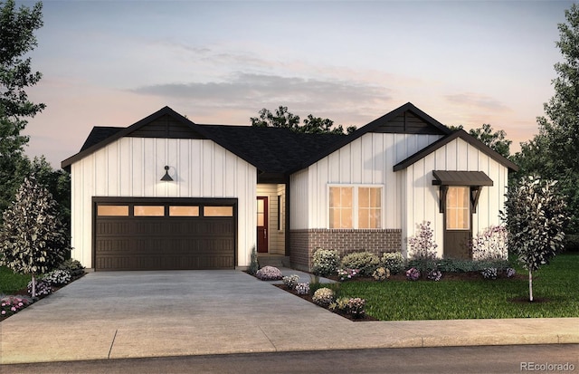 modern inspired farmhouse featuring a garage