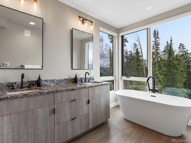 436 N Fuller Placer Rd, Breckenridge, CO 80424 - bathroom featuring double vanity, wood finished floors, a soaking tub, and recessed lighting