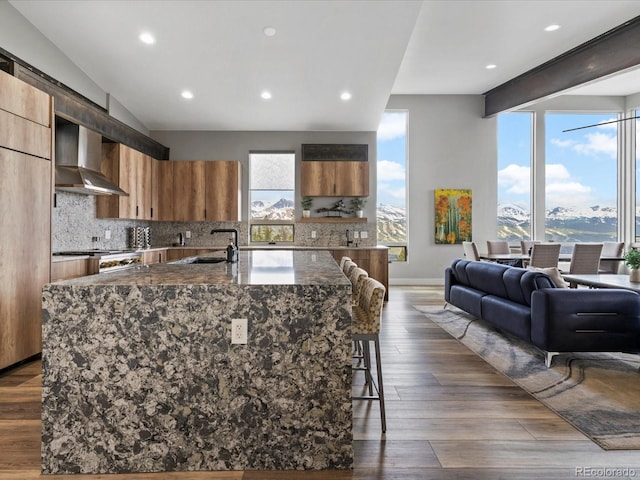 436 N Fuller Placer Rd, Breckenridge, CO 80424 - kitchen with wall chimney exhaust hood, modern cabinets, a sink, tasteful backsplash, and recessed lighting