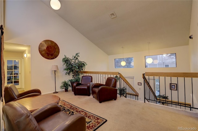 1050 S Monaco Pkwy Unit 88, Denver, CO 80224 - living area featuring high vaulted ceiling and carpet flooring