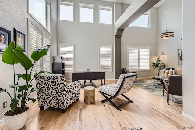989 Graland Pl, Highlands Ranch, CO 80126 - living area with a towering ceiling, wood finished floors, and baseboards