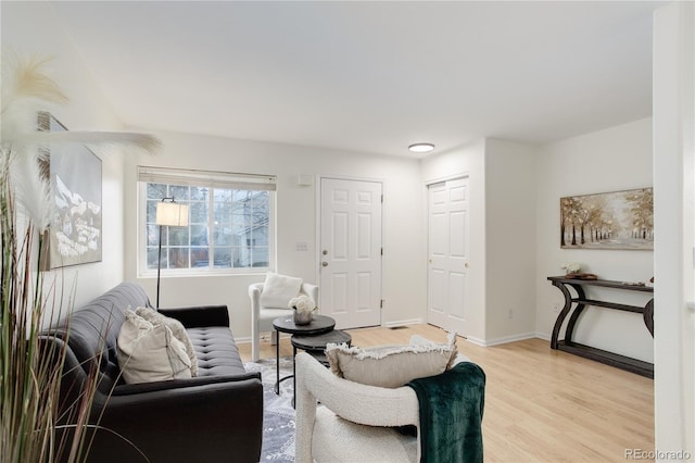 living room with baseboards and light wood-style floors