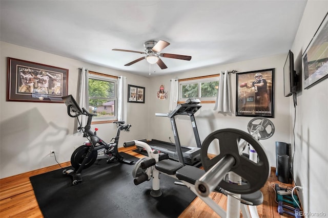 exercise area featuring a ceiling fan, baseboards, and wood finished floors