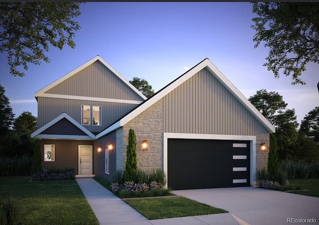 1744 Barefoot Dr, Windsor, CO 80550 - view of front of home featuring brick siding, a front lawn, driveway, and an attached garage
