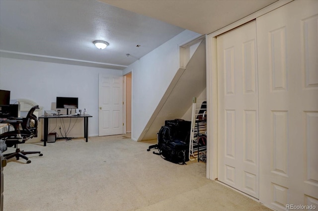 office area featuring light colored carpet