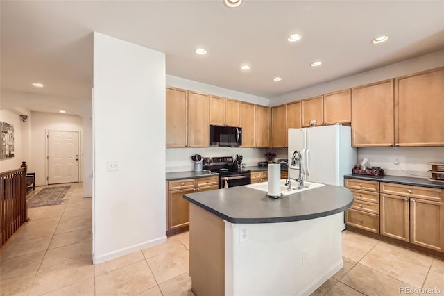 12 Apache Plume St, Brighton, CO 80601 - kitchen with black microwave, electric stove, dark countertops, light tile patterned flooring, and recessed lighting