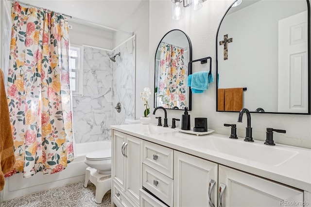 1733 S Nucla St, Aurora, CO 80017 - full bath with double vanity, shower / tub combo, and tile patterned flooring