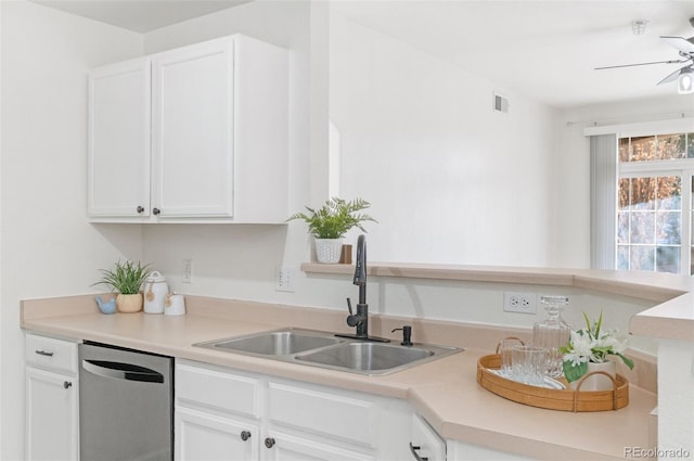 kitchen featuring sink, white cabinets, ceiling fan, and dishwasher