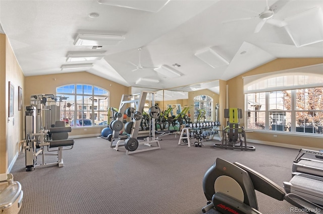 exercise room with lofted ceiling, carpet floors, and ceiling fan