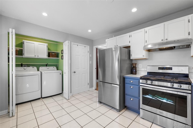 kitchen with stainless steel appliances, washing machine and clothes dryer, white cabinetry, and under cabinet range hood