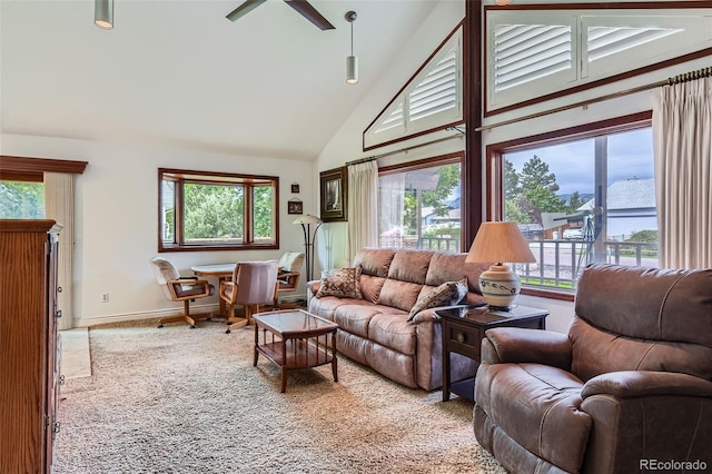 8644 S Brentwood St, Littleton, CO 80128 - living area featuring high vaulted ceiling, a ceiling fan, and carpet