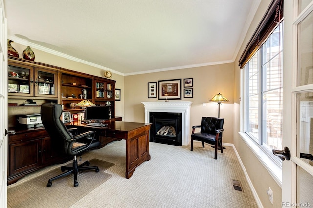 22685 E Calhoun Pl, Aurora, CO 80016 - office space featuring plenty of natural light, crown molding, a glass covered fireplace, light colored carpet, and baseboards