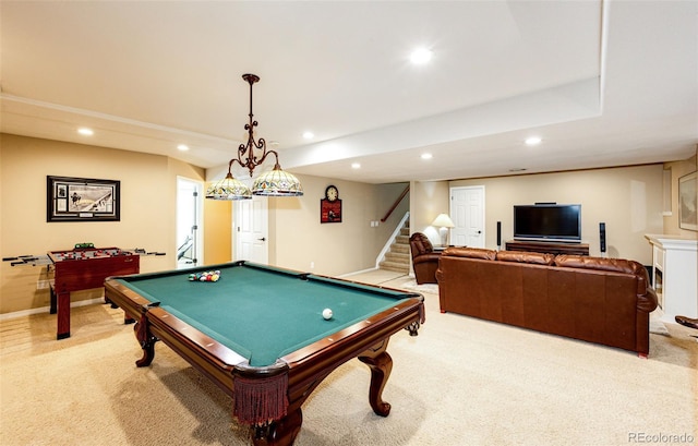 22685 E Calhoun Pl, Aurora, CO 80016 - recreation room with light colored carpet, recessed lighting, billiards table, and baseboards