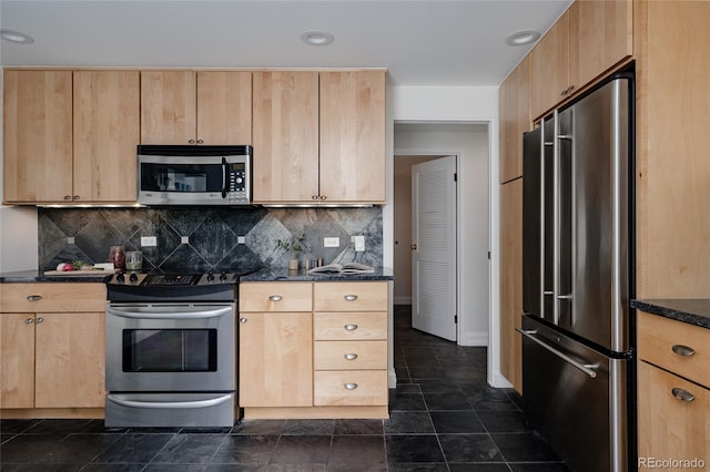 420 S Marion Pkwy Unit 203, Denver, CO 80209 - kitchen with appliances with stainless steel finishes, light brown cabinetry, and backsplash