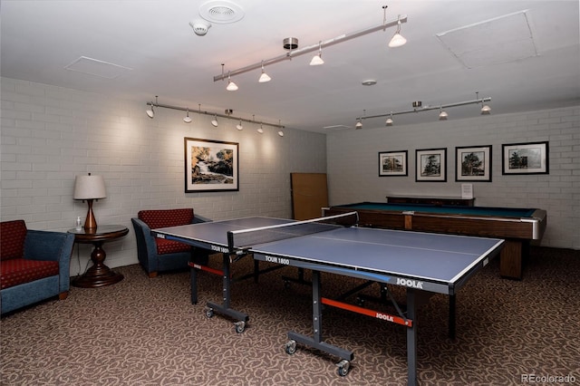 420 S Marion Pkwy Unit 203, Denver, CO 80209 - game room featuring rail lighting, carpet flooring, billiards table, and brick wall