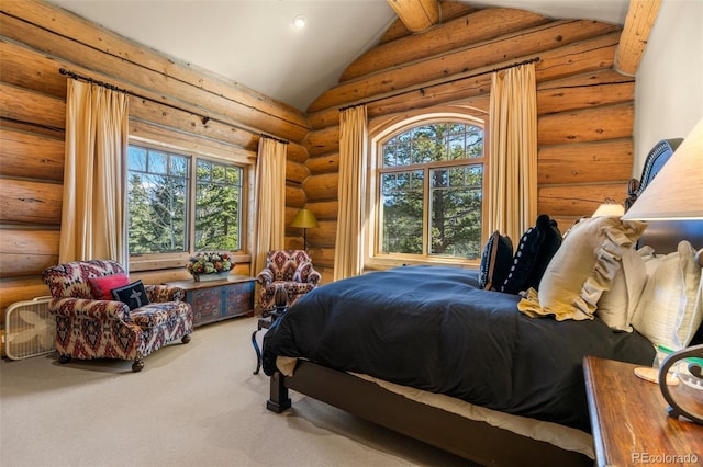 carpeted bedroom featuring lofted ceiling with beams and log walls