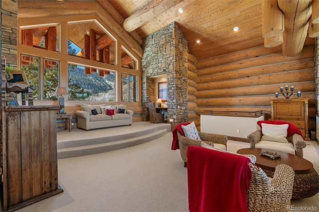 living room featuring beam ceiling, log walls, high vaulted ceiling, carpet, and wood ceiling