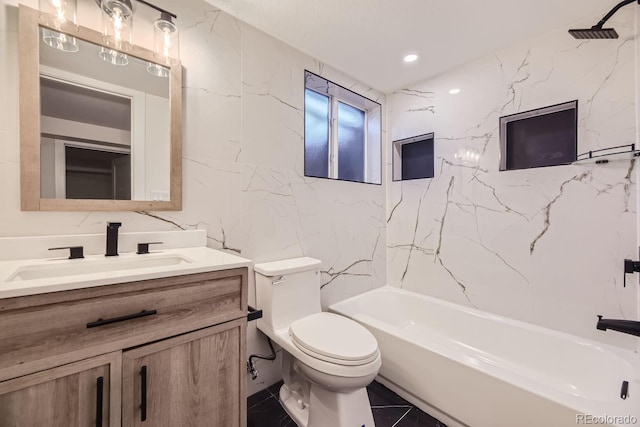 full bathroom with vanity, tile patterned floors, tiled shower / bath, tile walls, and toilet