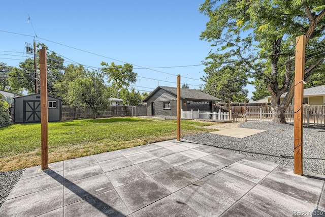 view of patio featuring a storage unit