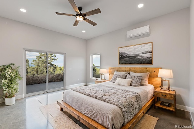 bedroom with ceiling fan, an AC wall unit, and access to exterior