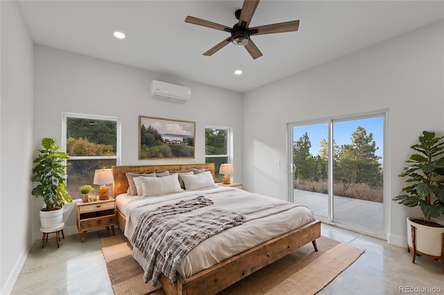 bedroom featuring access to outside, an AC wall unit, and ceiling fan