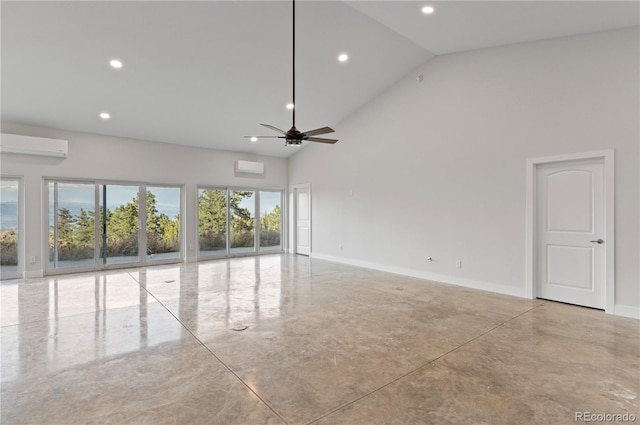 unfurnished room featuring a wall mounted air conditioner, high vaulted ceiling, and ceiling fan