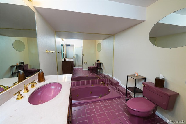 bathroom with tile patterned flooring, toilet, a tub, and vanity