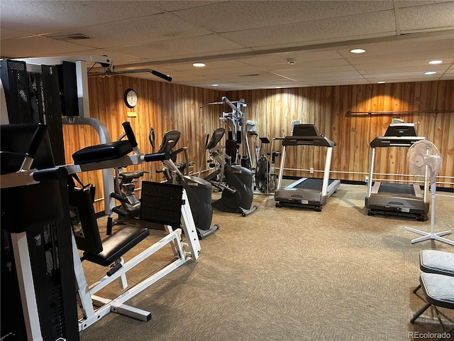 16 Scott Dr N, Broomfield, CO 80020 - workout area featuring wooden walls, a paneled ceiling, and carpet