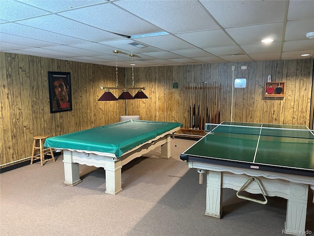 16 Scott Dr N, Broomfield, CO 80020 - recreation room with a paneled ceiling, pool table, wooden walls, and carpet floors