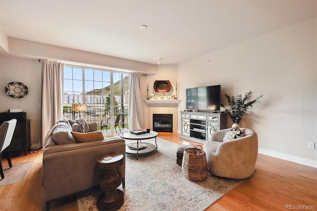 620 11th St Unit 206, Golden, CO 80401 - living area featuring a glass covered fireplace and wood finished floors