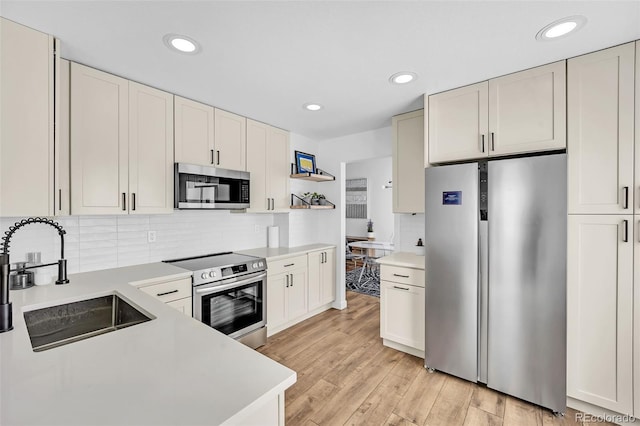 kitchen featuring appliances with stainless steel finishes, white cabinetry, sink, backsplash, and light hardwood / wood-style floors