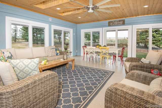 sunroom / solarium with recessed lighting, french doors, and wood ceiling
